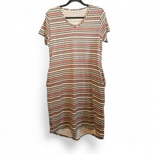 Striped V-Neck Short Sleeve Knit Sleep Wear Dress - Multi Color